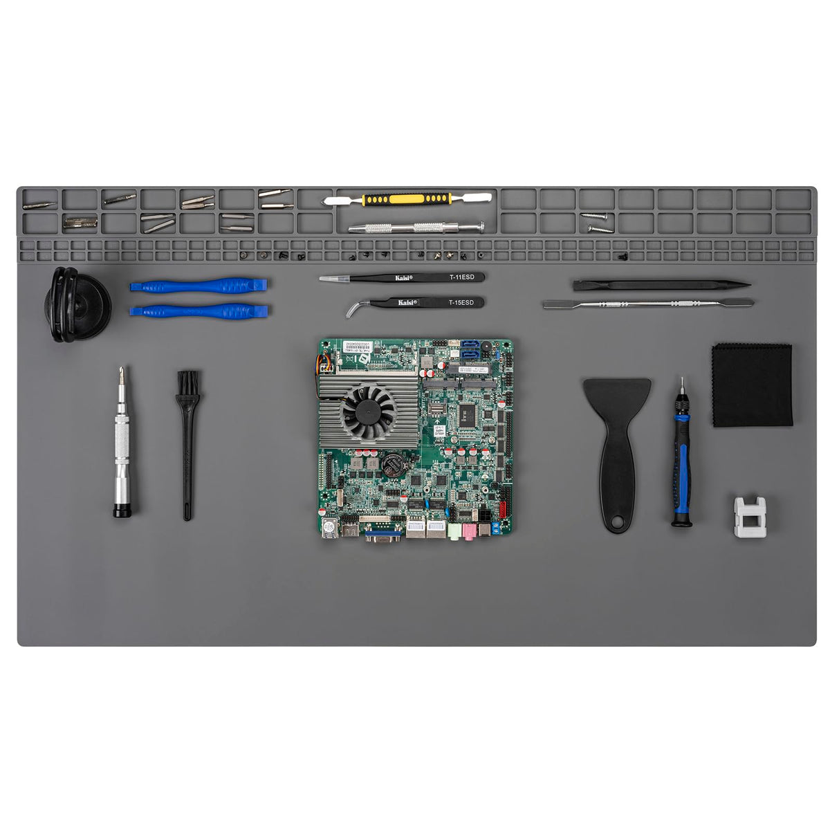 Kaisi extra large soldering mat shows the 27.6 x 15.7 inch area for laptop repairs.