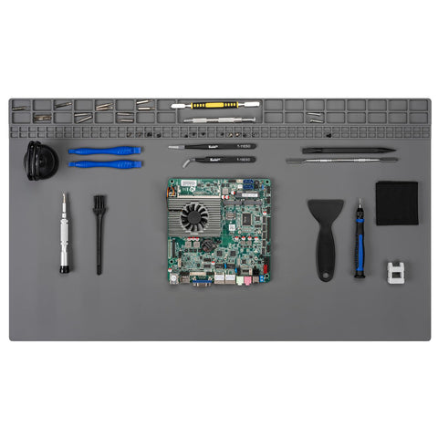 Kaisi extra large soldering mat shows the 27.6 x 15.7 inch area for laptop repairs.
