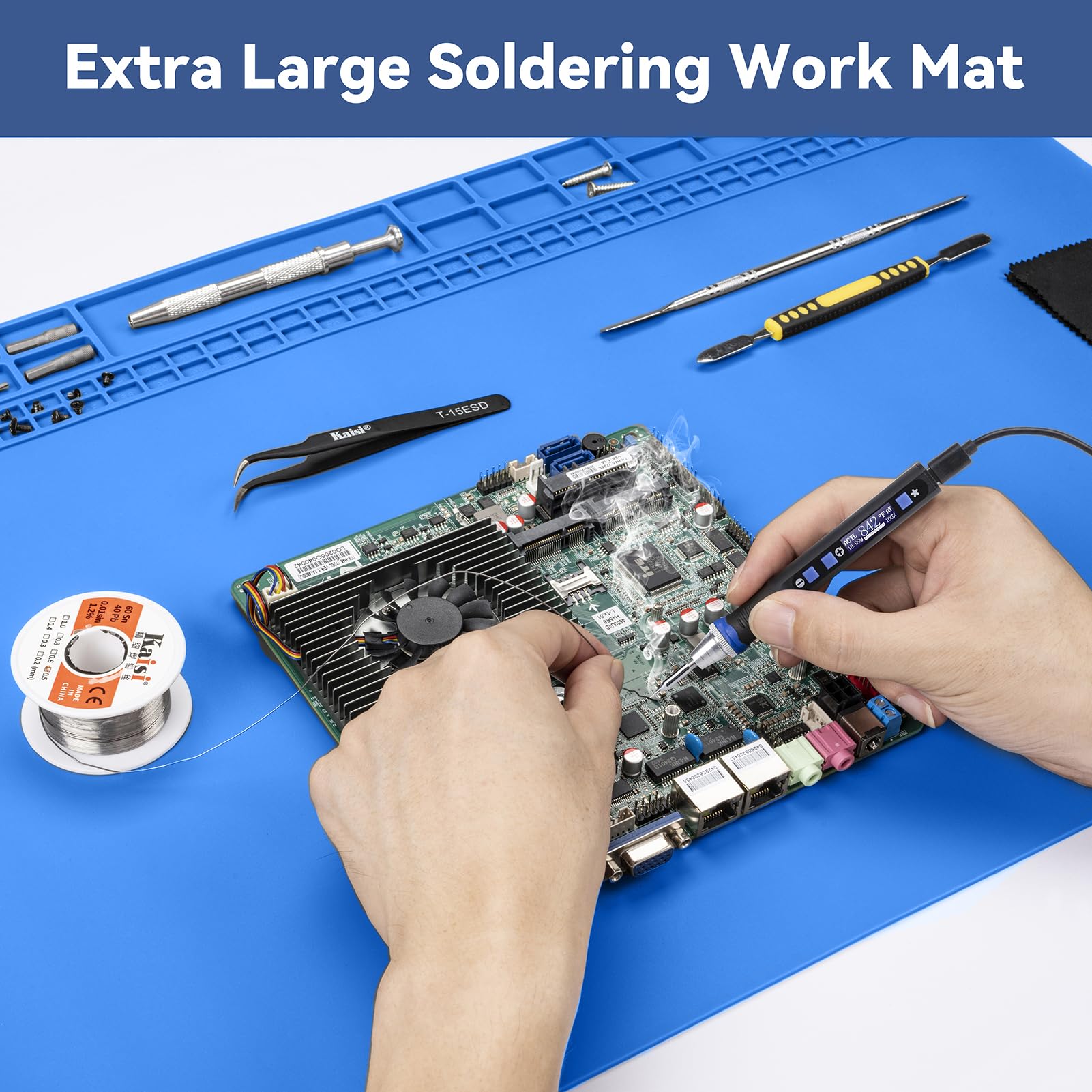Kaisi soldering mat shows 32 small parts slots for neat organization.