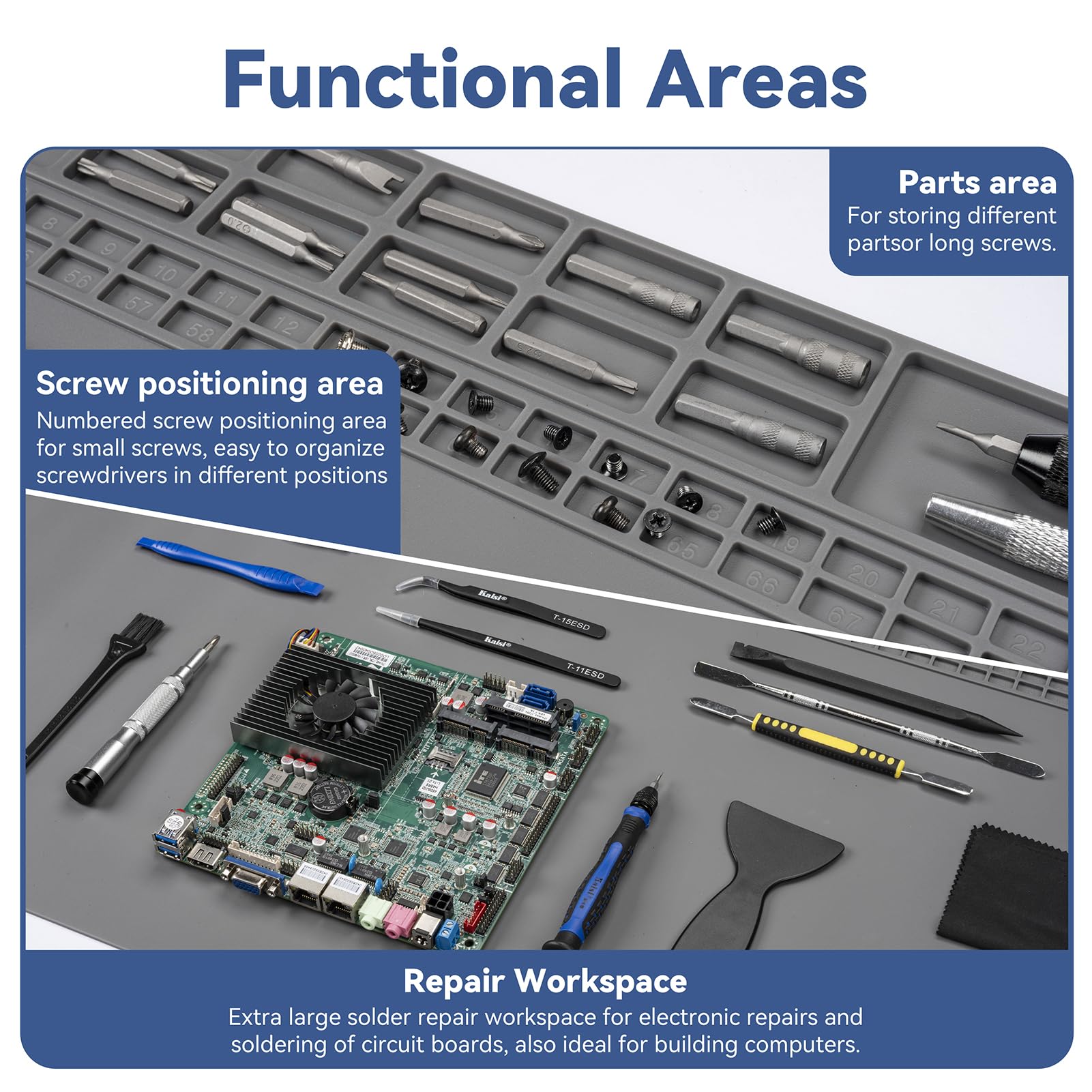Kaisi mat provides a non-slip surface to keep components steady.