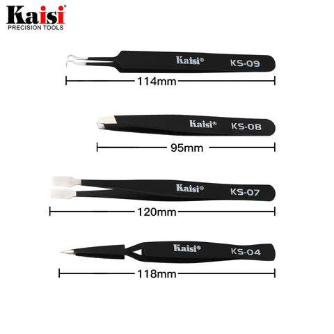Kaisi tweezers for board soldering precision and careful component placement.