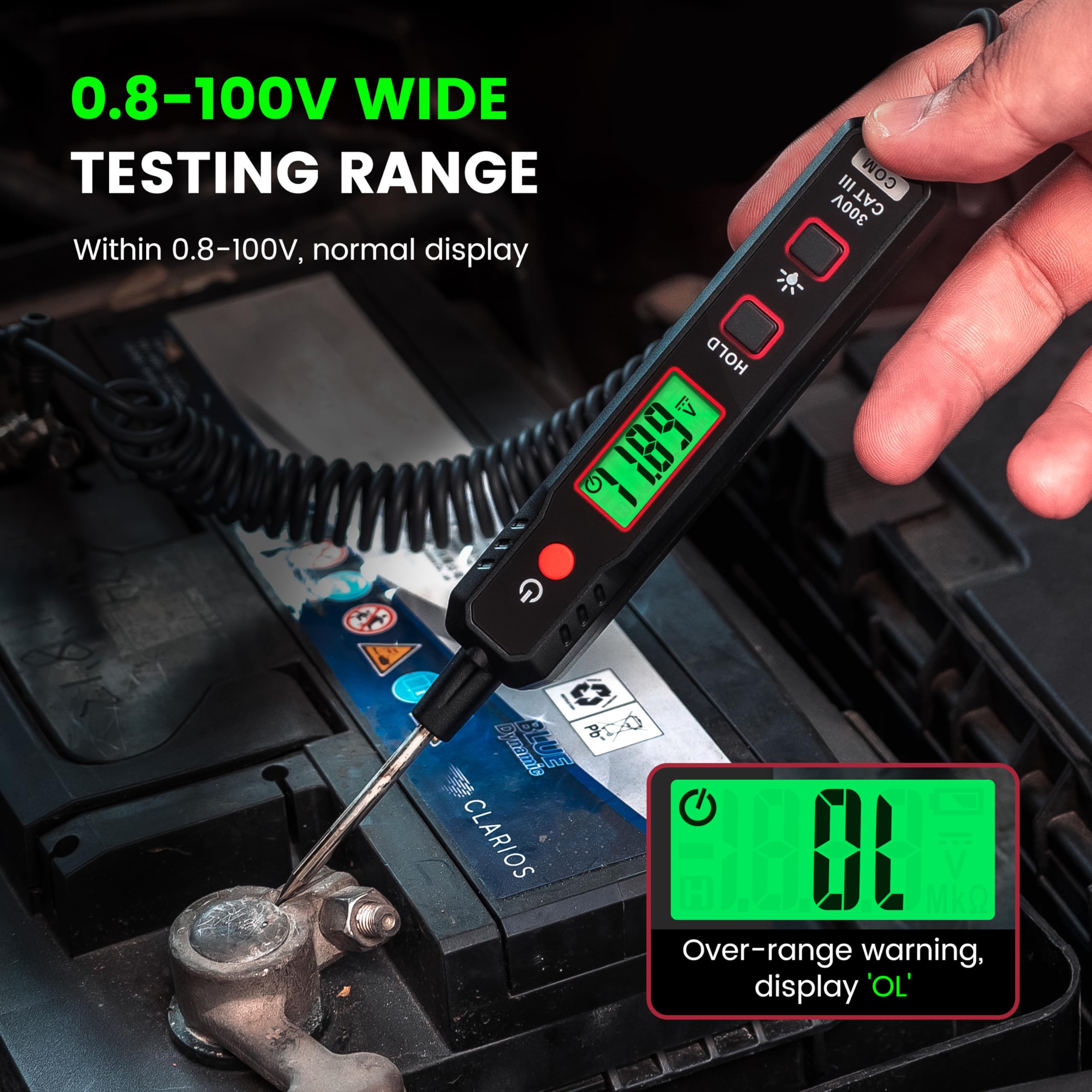 KAIWEETS bright green LCD voltage display for clear day or night readings