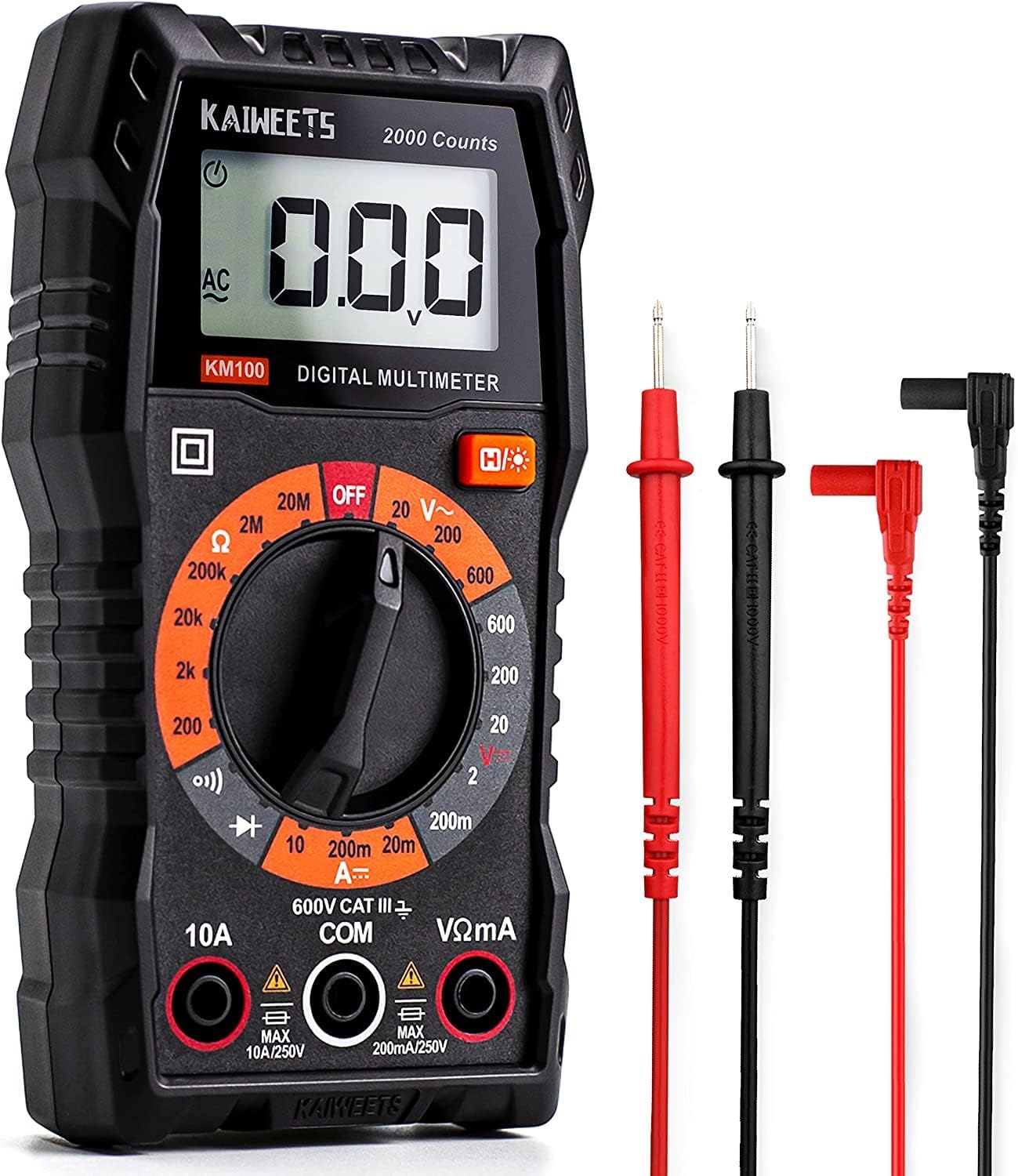 Kaiweets digital multimeter with case open shows backlit voltage reading.