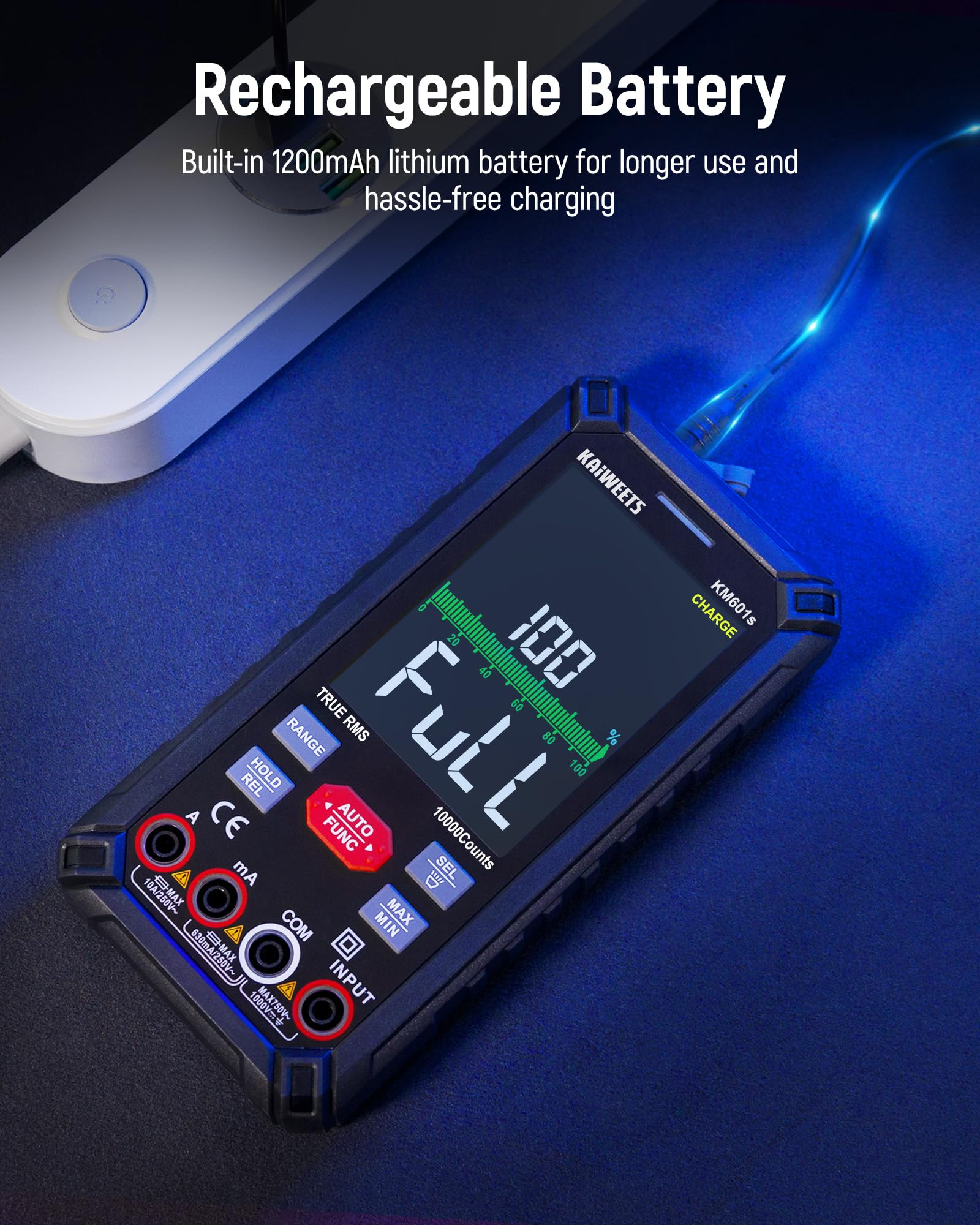 KAIWEETS DMM color LCD screen enhances visibility in dim workspaces.