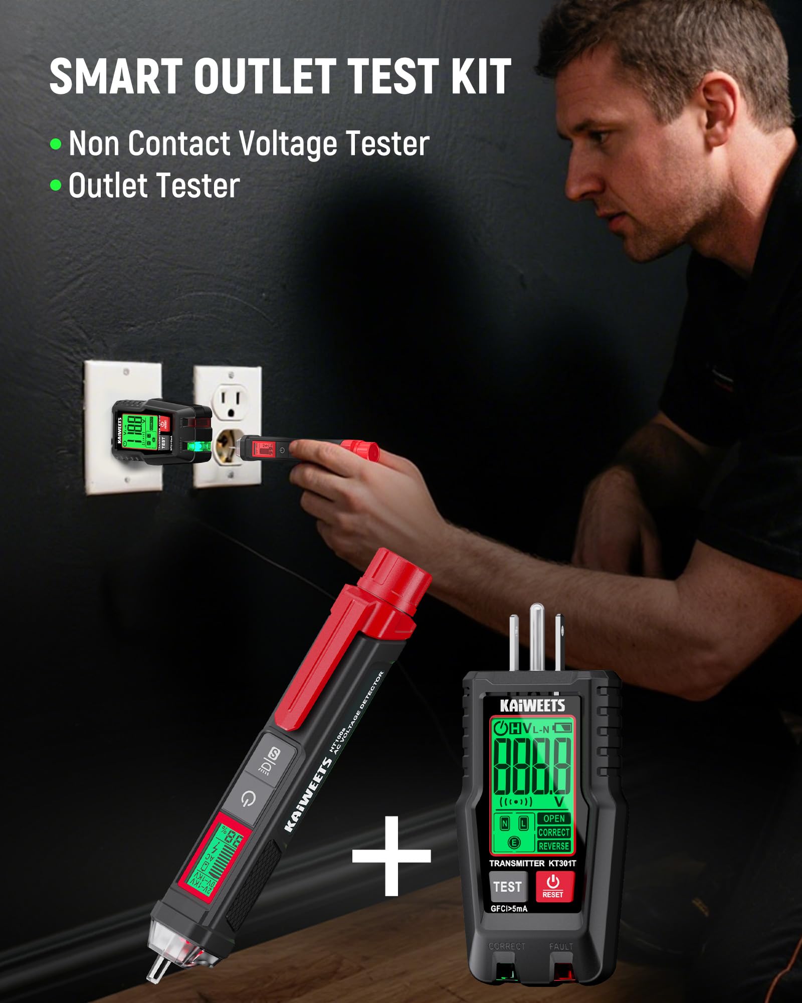 KAIWEETS GFCI outlet tester with LCD indicators showing wiring status
