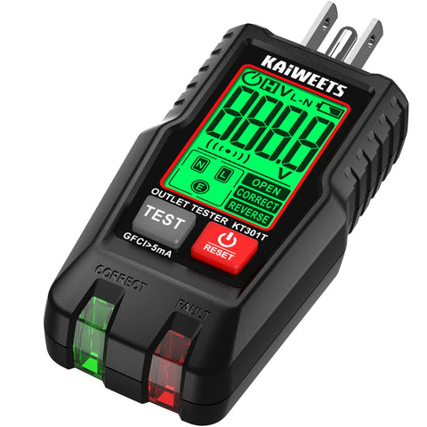 KAIWEETS GFCI tester with LCD display showing voltage and status.