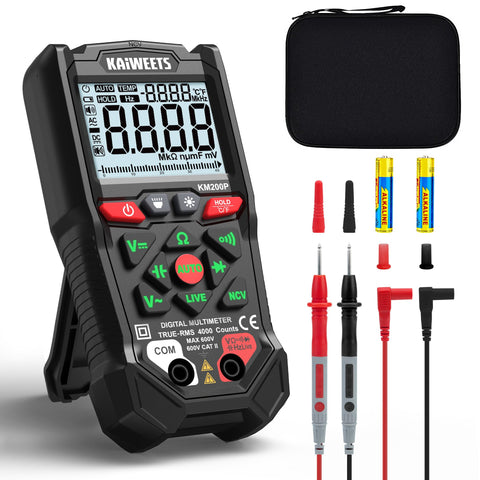 KAIWEETS KM200P performing voltage and resistance tests in workshop