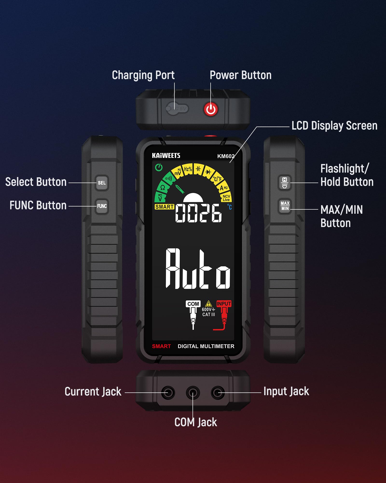 KAIWEETS smart multimeter analog bar display highlights measurement trends.