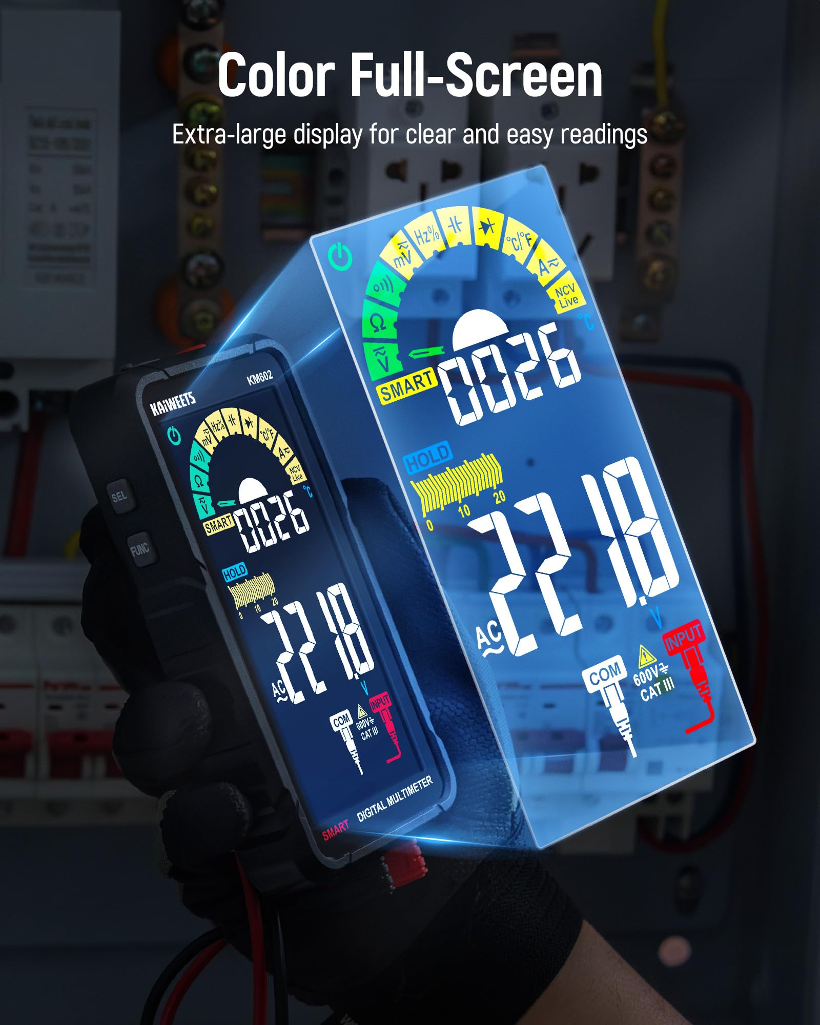 KAIWEETS smart multimeter full-color display improves readability in dim light.