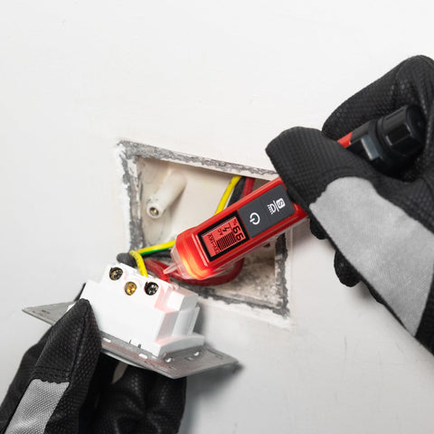 Kaiweets voltage tester probe close-up illustrating NCV detection near terminals
