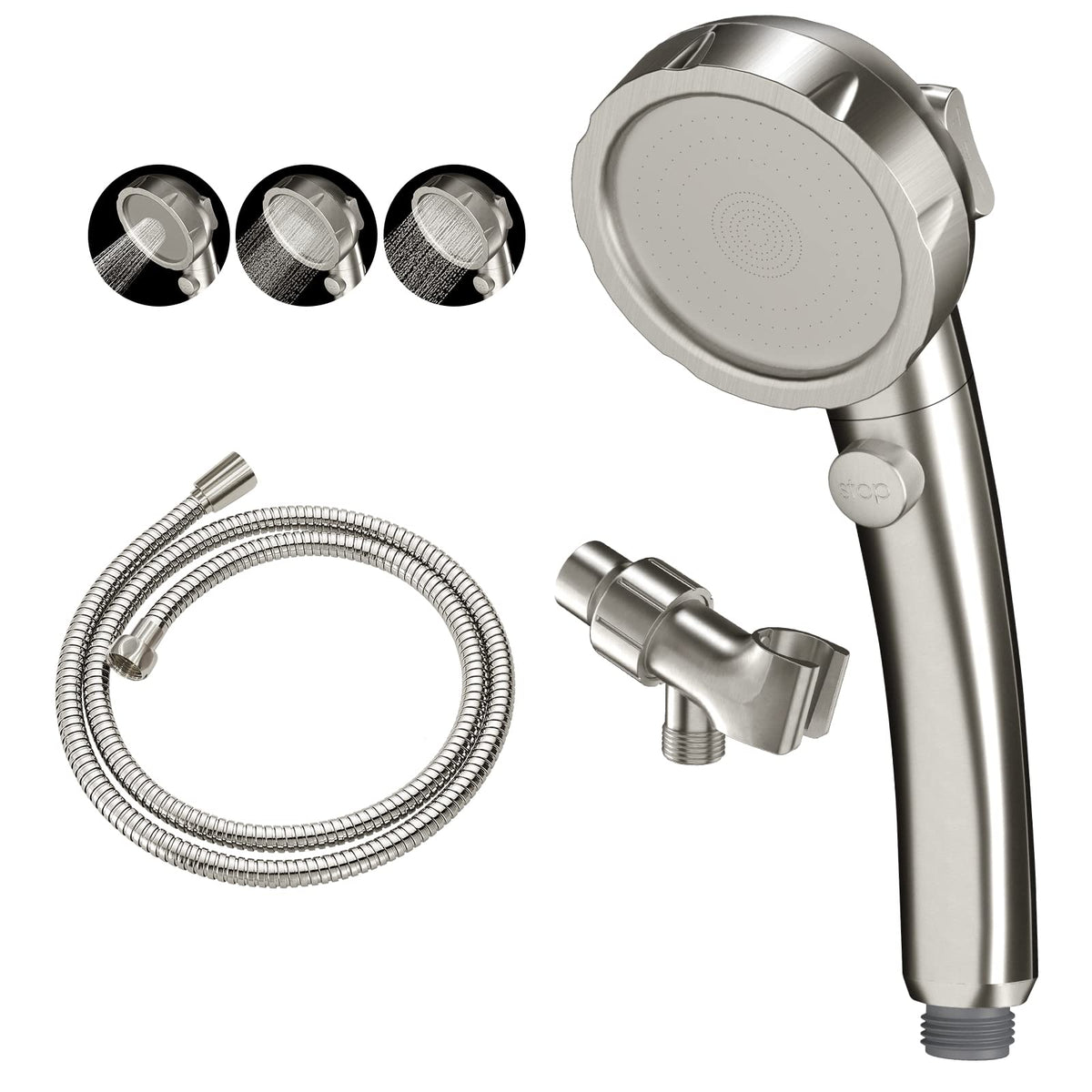 KAIYING brushed nickel shower head with angle bracket for adjustable comfort.