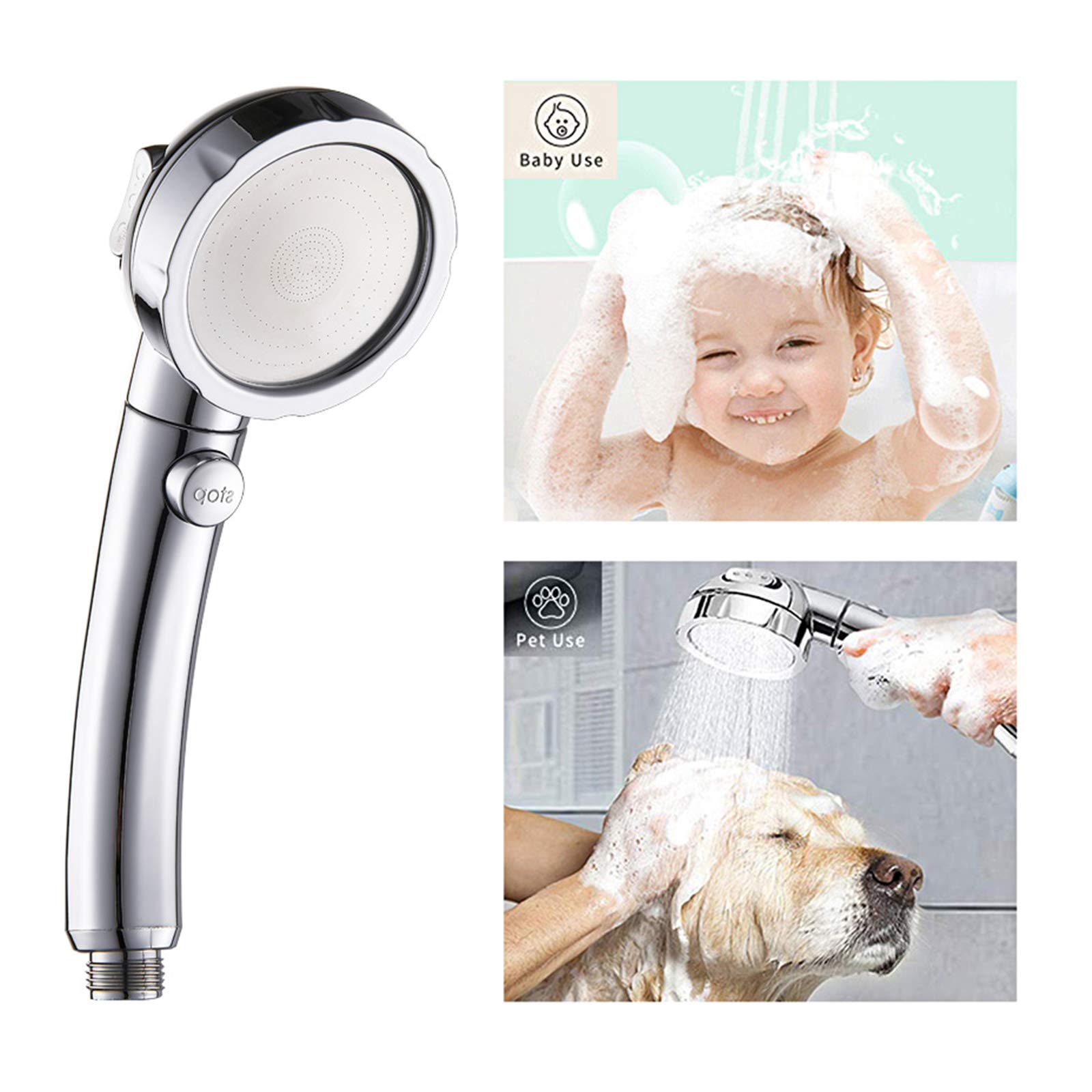 KAIYING chrome shower head with 3 spray modes: rainfall, massage, jet