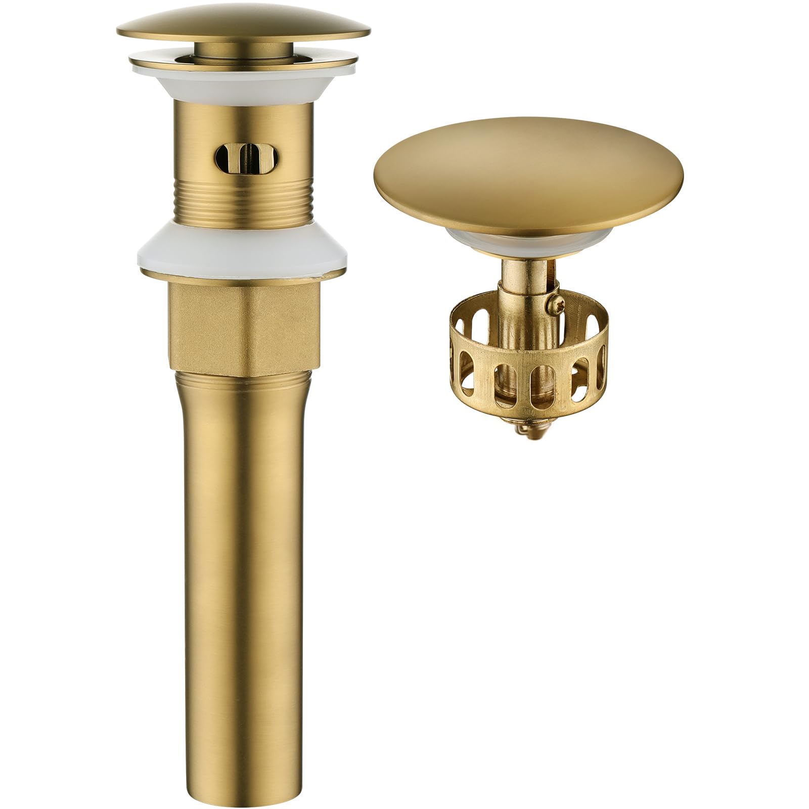 KAIYING pop up drain close-up in brushed brass, showing durable brass construction.