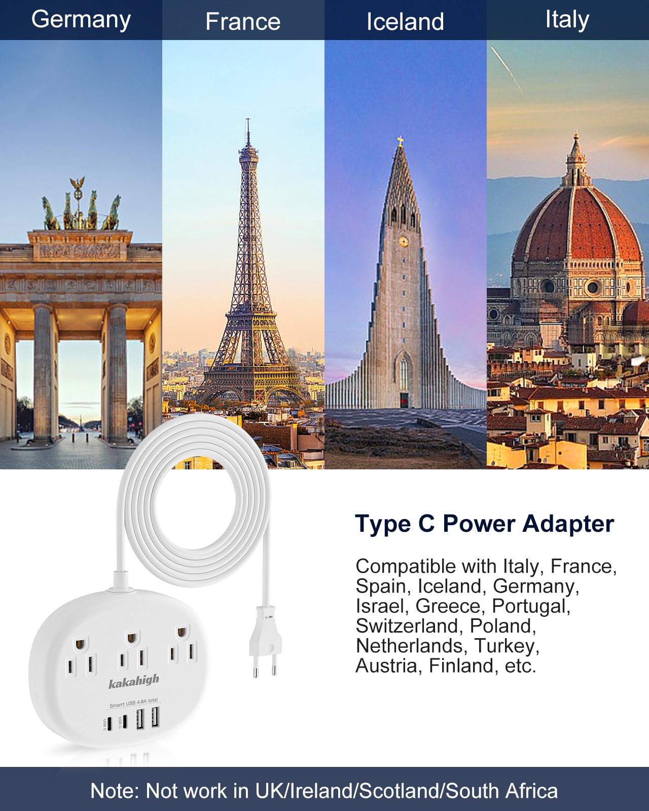 Kakahigh 7-in-1 EU outlet adapter fits American plugs for travel