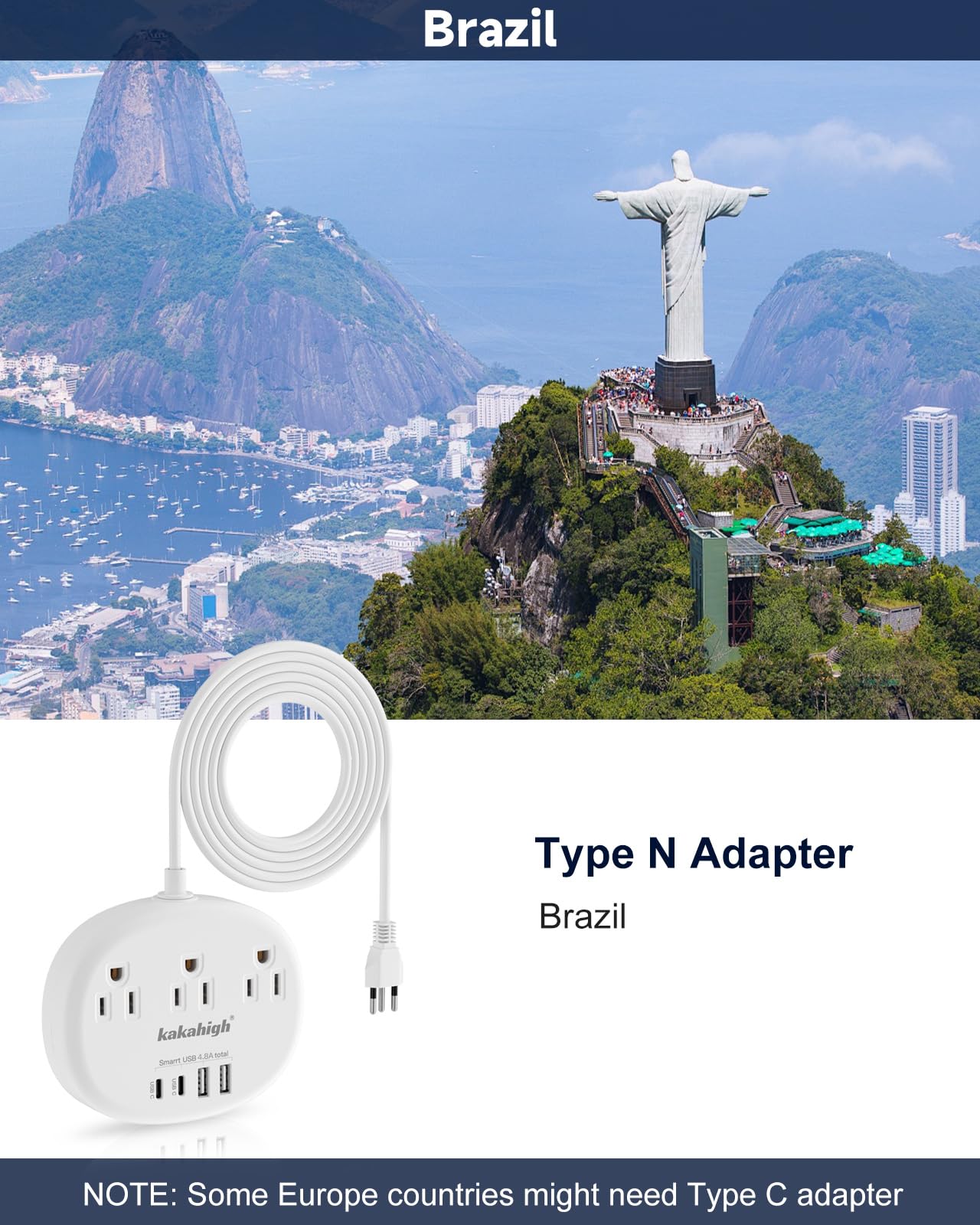 Kakahigh Brazil power adapter 7-in-1 ports for easy multi-device charging