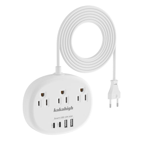 Kakahigh European travel plug adapter with USB-C and four ports for on-the-go charging
