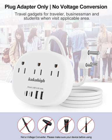 KakaHigh travel adapter with long cord placed on a hotel desk