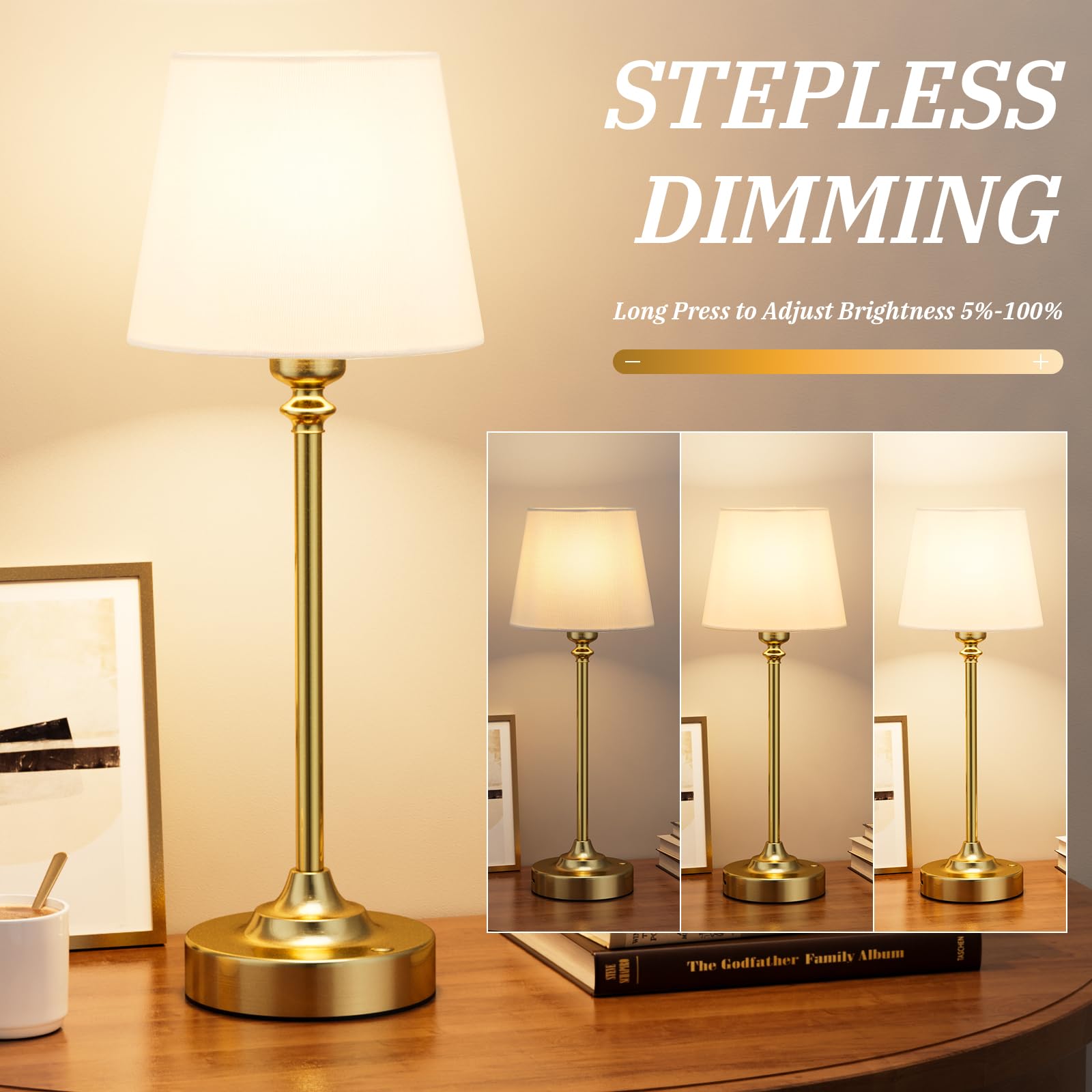 Kakanuo brass table lamp showing 4000mAh battery and portability