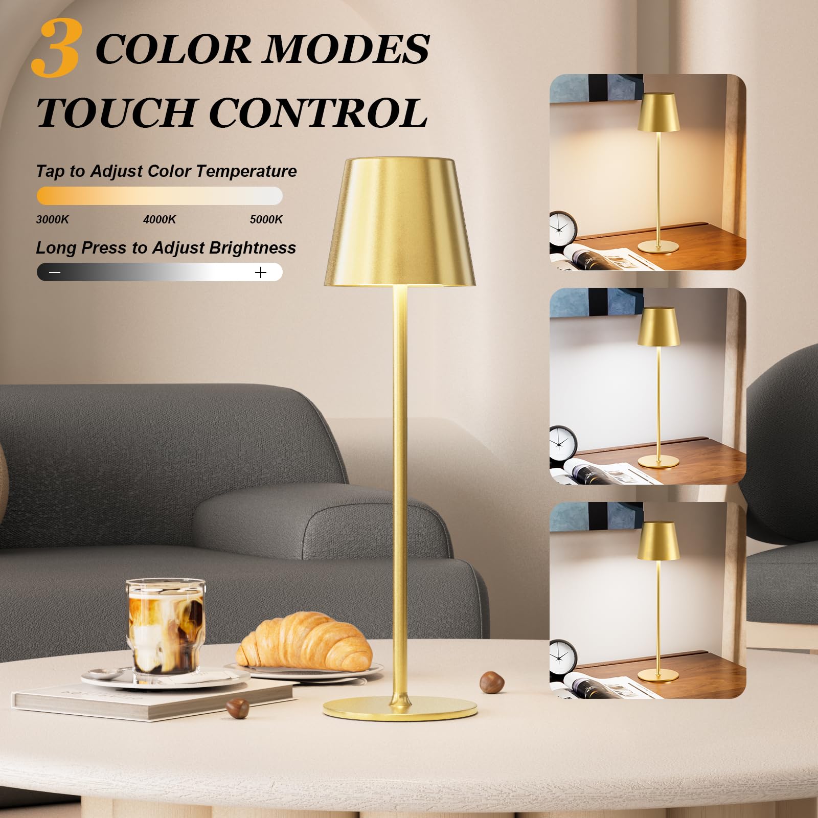 Kakanuo cordless lamp with 3 color temperatures for mood setting.