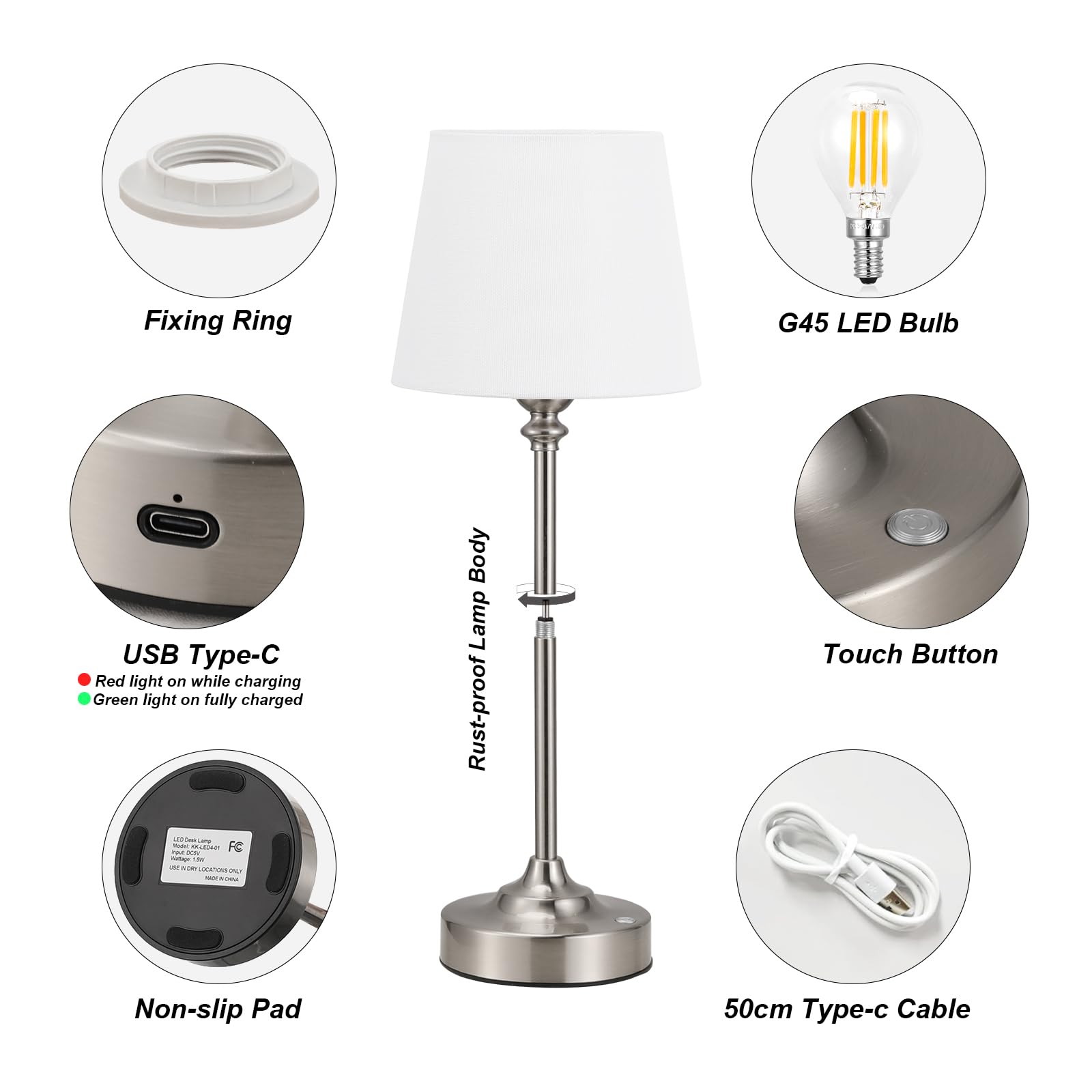 Kakanuo cordless table lamp metal body with linen shade