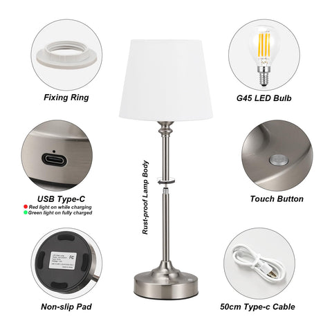 Kakanuo cordless table lamp metal body with linen shade