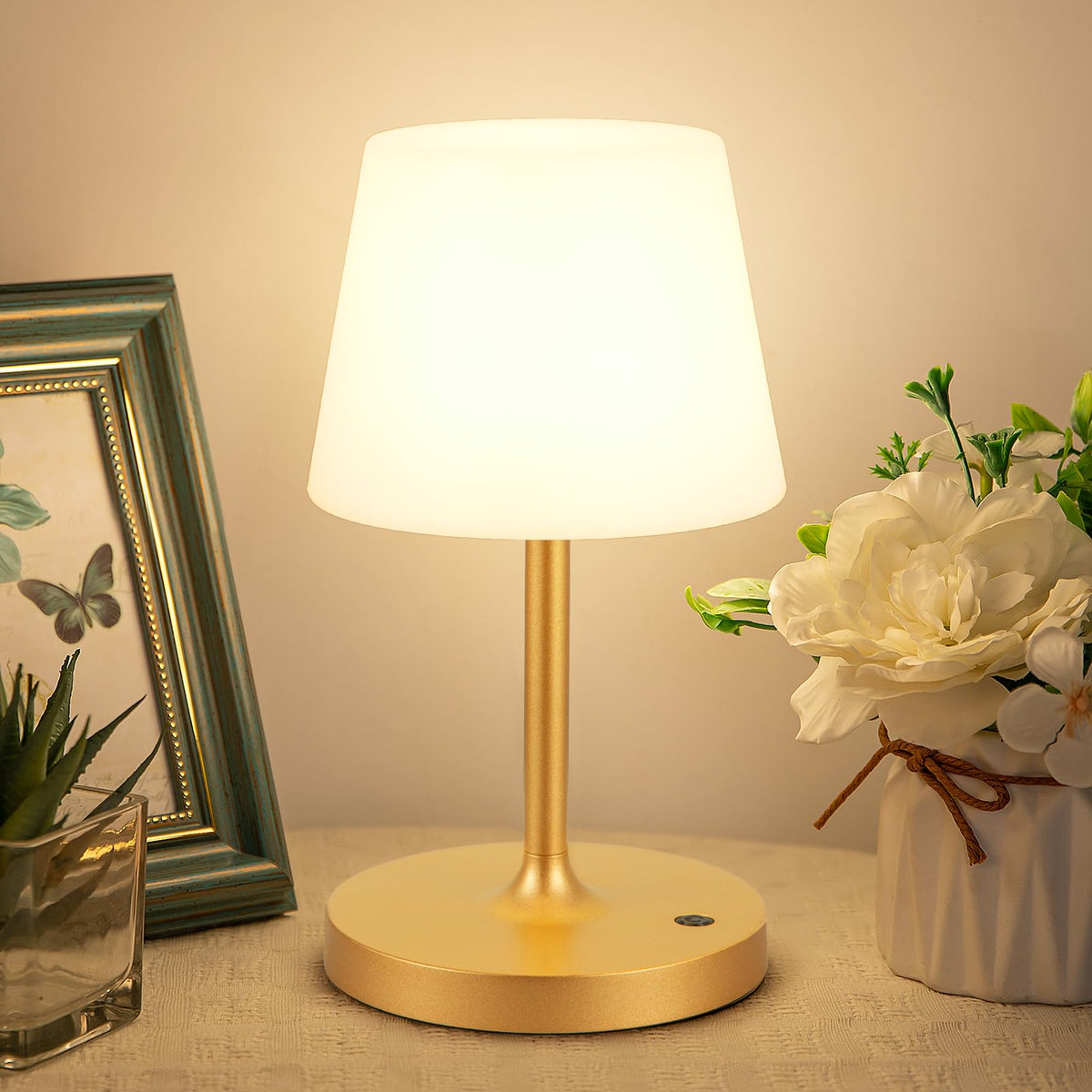 Kakanuo Gold Cordless Shower Lamp on a bathroom counter for portable lighting