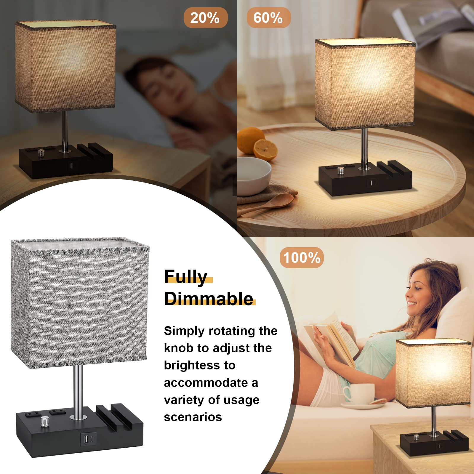Kakanuo grey table lamp with phone slots keeps devices organized.