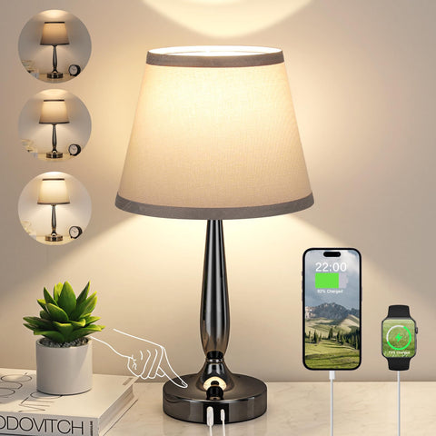 Kakanuo touch table lamp with pearl black base and gray shade for modern bedside lighting.