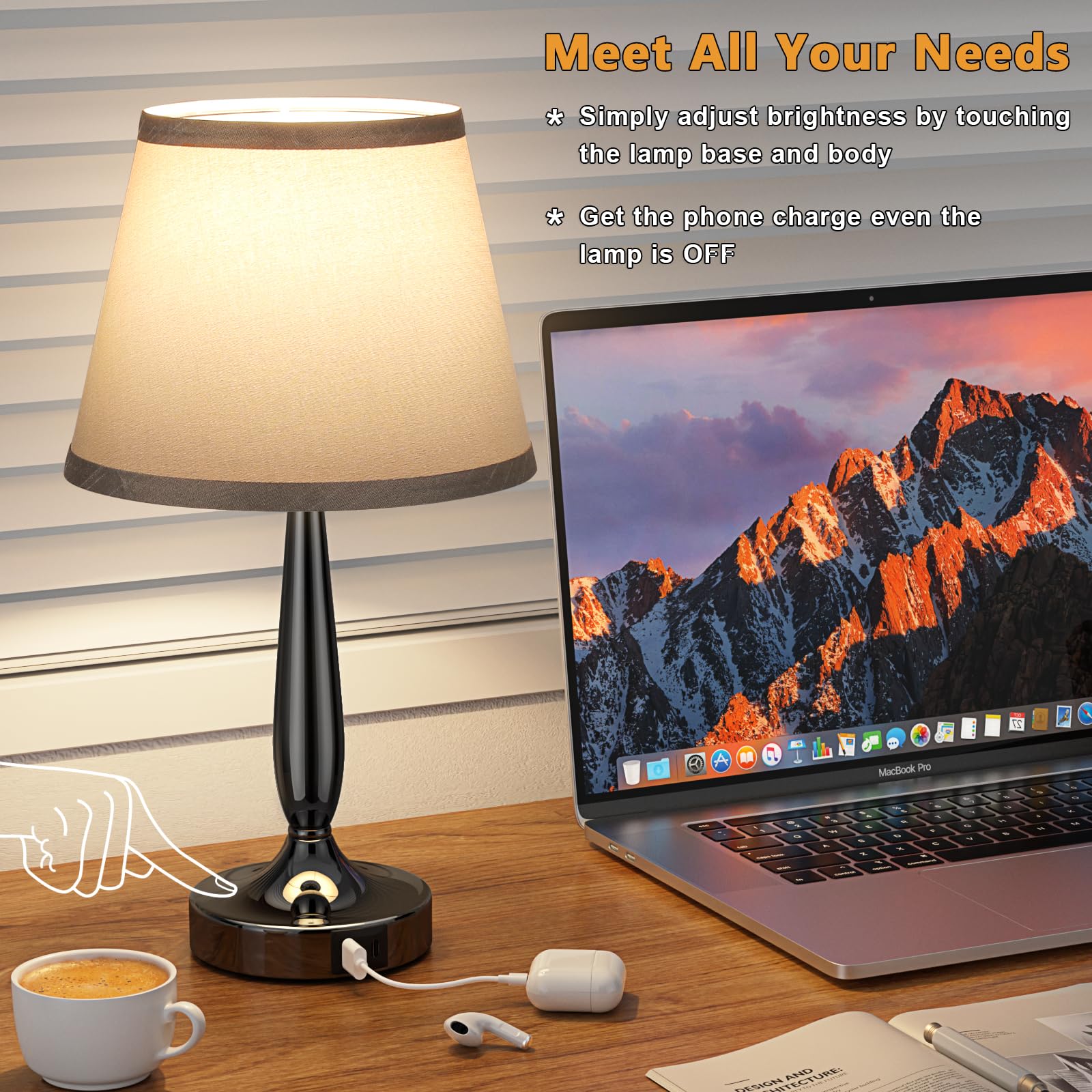 Kakanuo touch table lamp USB ports enable convenient charging at bedside.