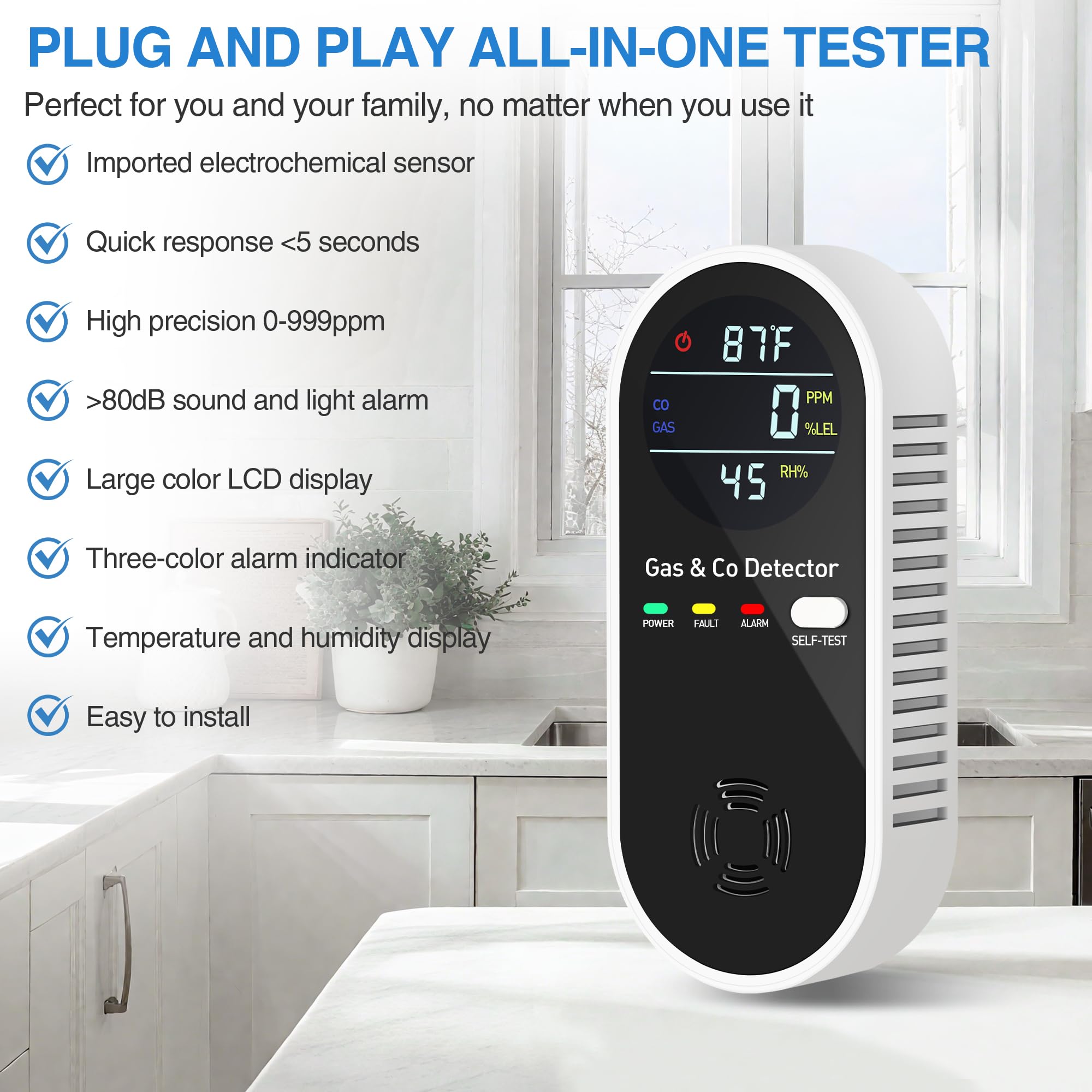 KAKIMENT dual-sensor CO and combustible gas detector for quick, accurate readings