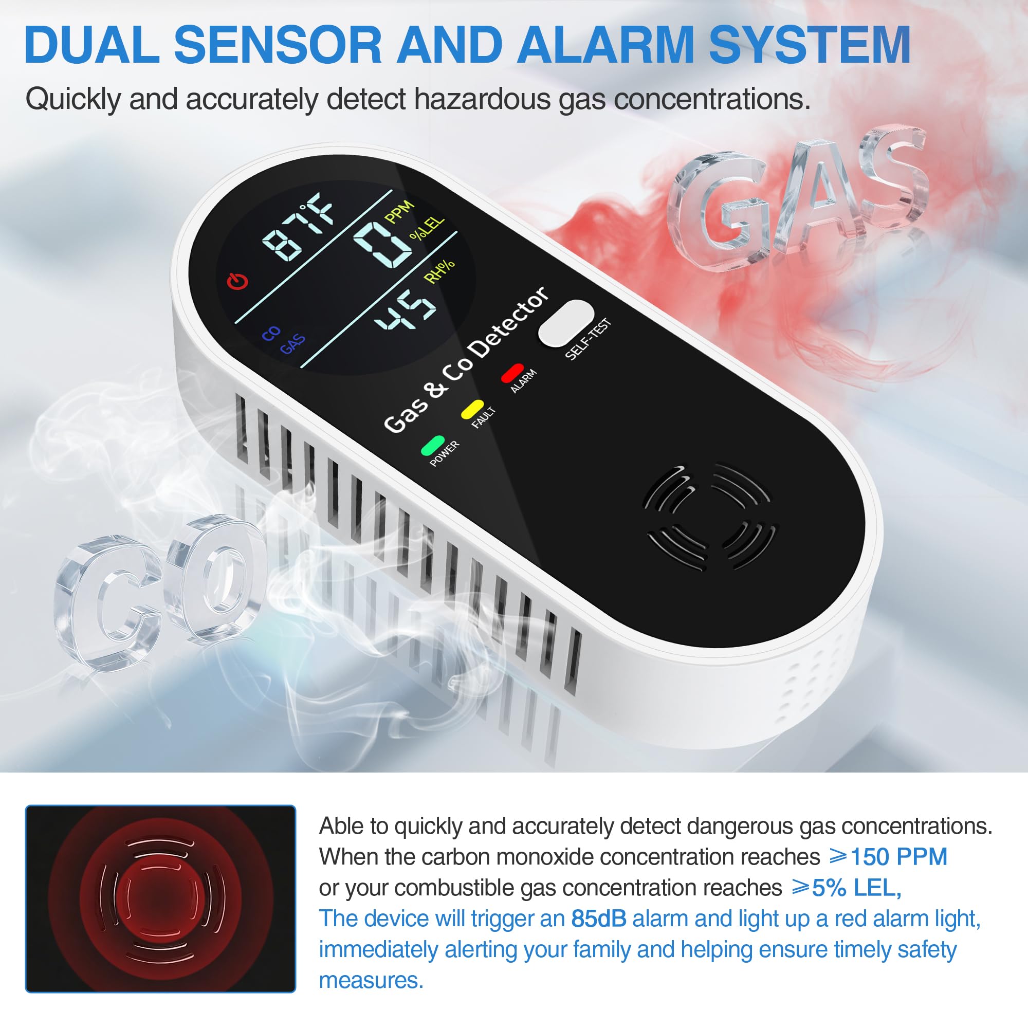 KAKIMENT full-color LCD displays CO, gas, temperature, and humidity at a glance
