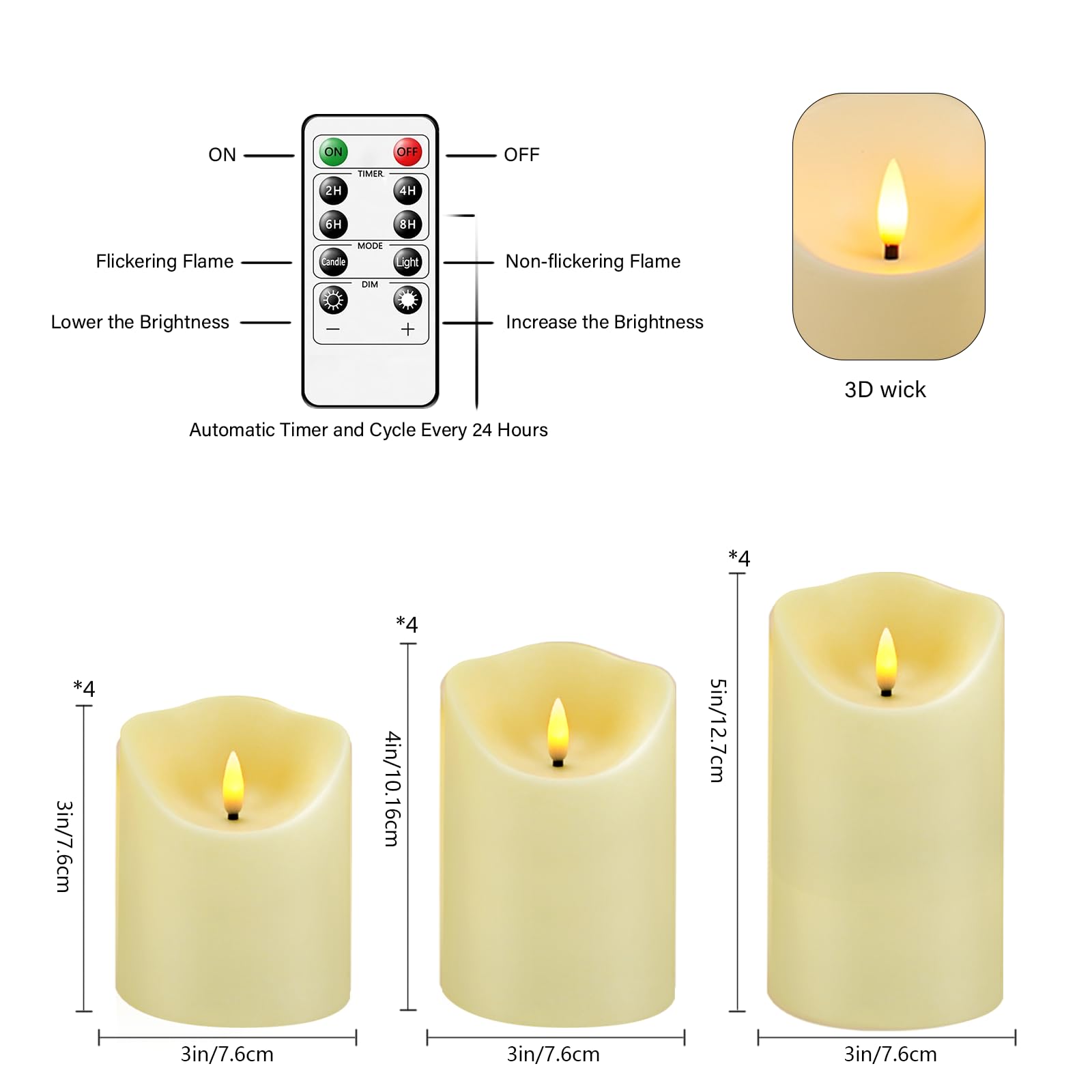 4-inch ivory Kakoya pillar candle glowing softly on a table.