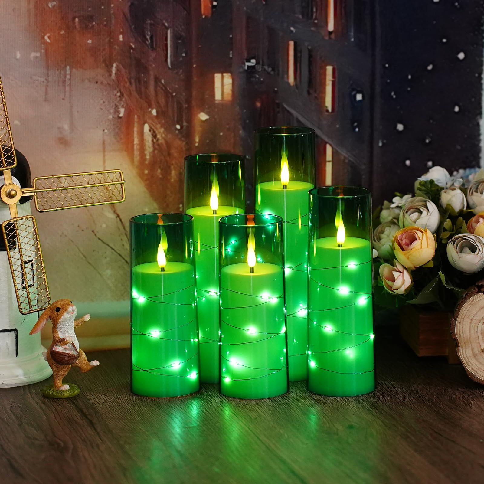 Kakoya green flameless candles bring a nature-inspired glow.
