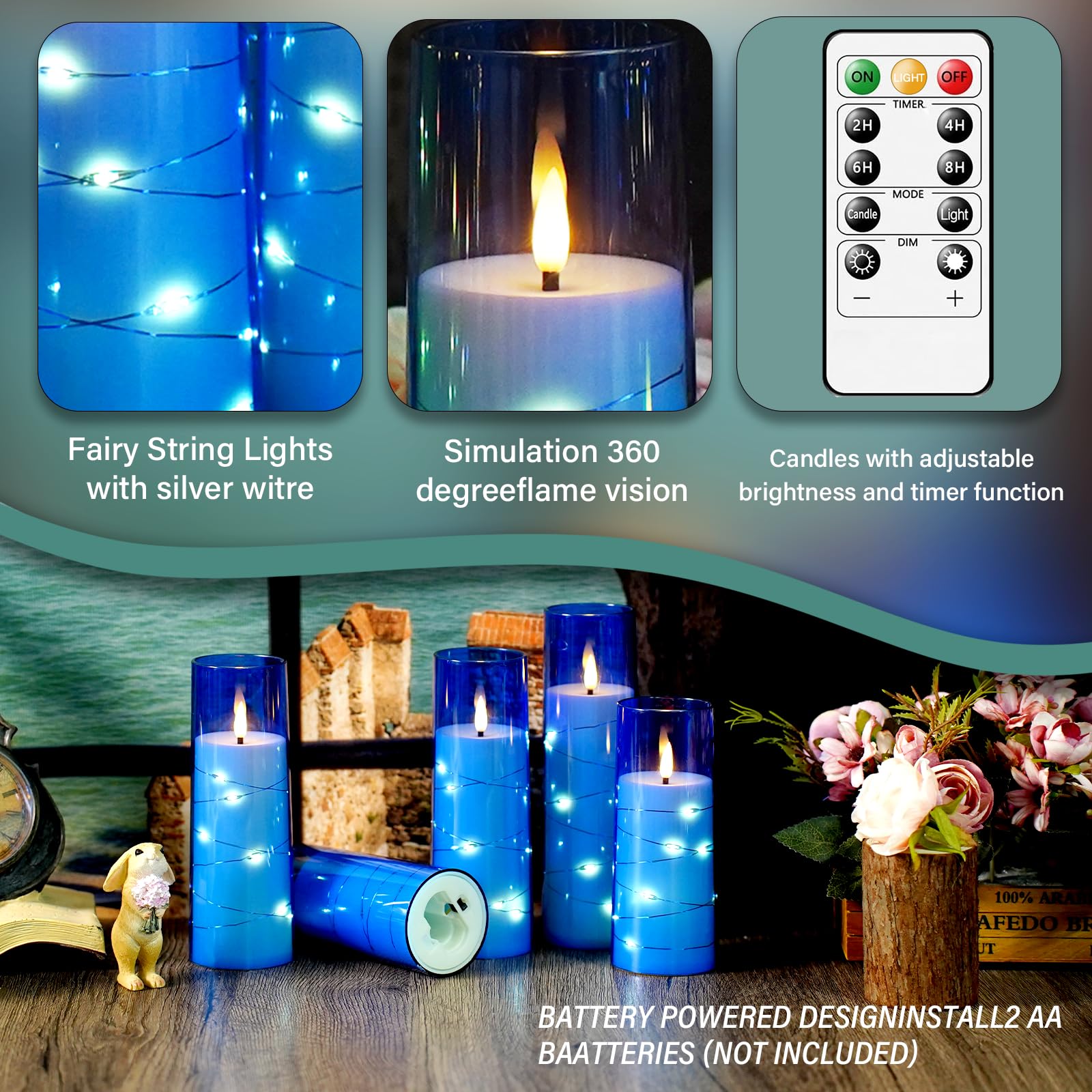 Kakoya blue flameless candles with timer for effortless daily use.