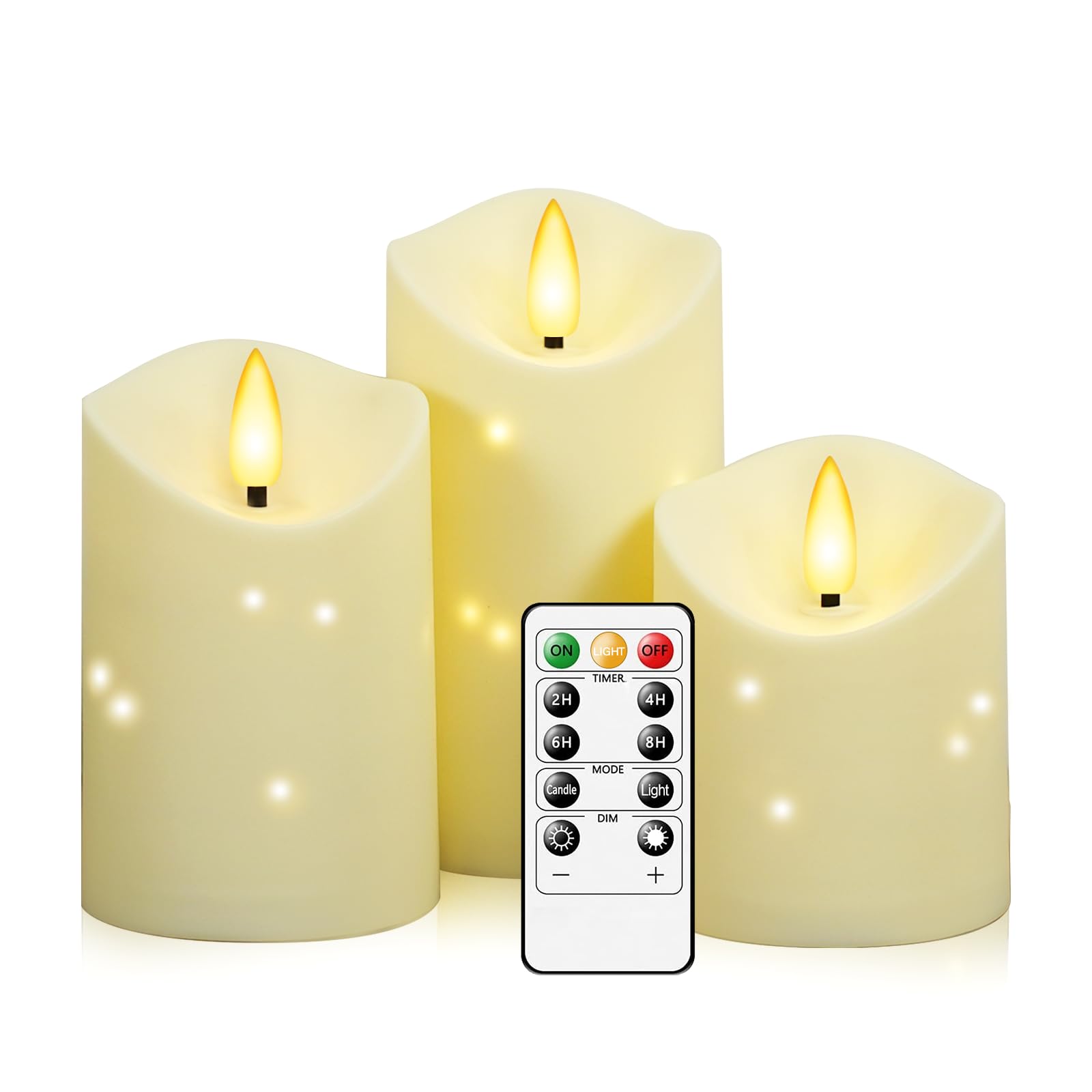 Kakoya outdoor ivory flameless candle with embedded star string for year-round patio ambiance.