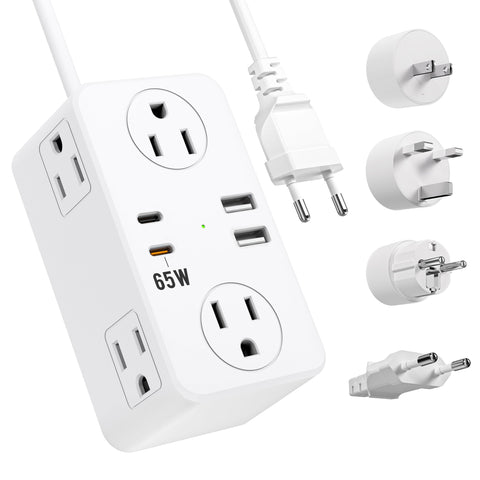 Kakyanill European travel plug adapter with six outlets for simultaneous charging.