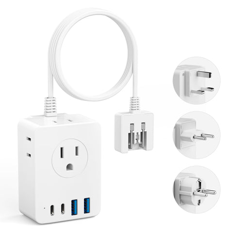 Kakyanill European travel plug adapter shown with 4 outlets and USB ports for versatile charging.