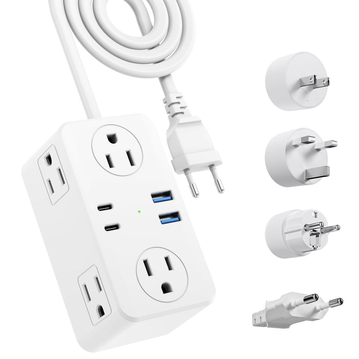 Kakyanill travel plug adapter with 6 outlets for simultaneous devices on the hotel desk