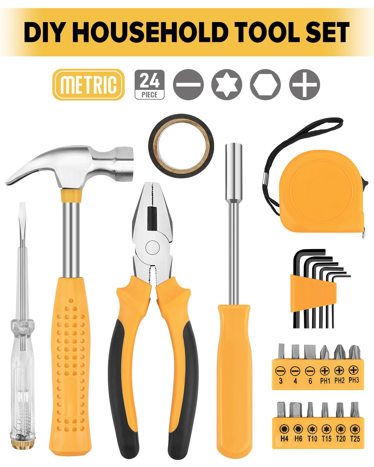 KALIACHO 24pc tool kit hammer with comfortable grip for precise driving