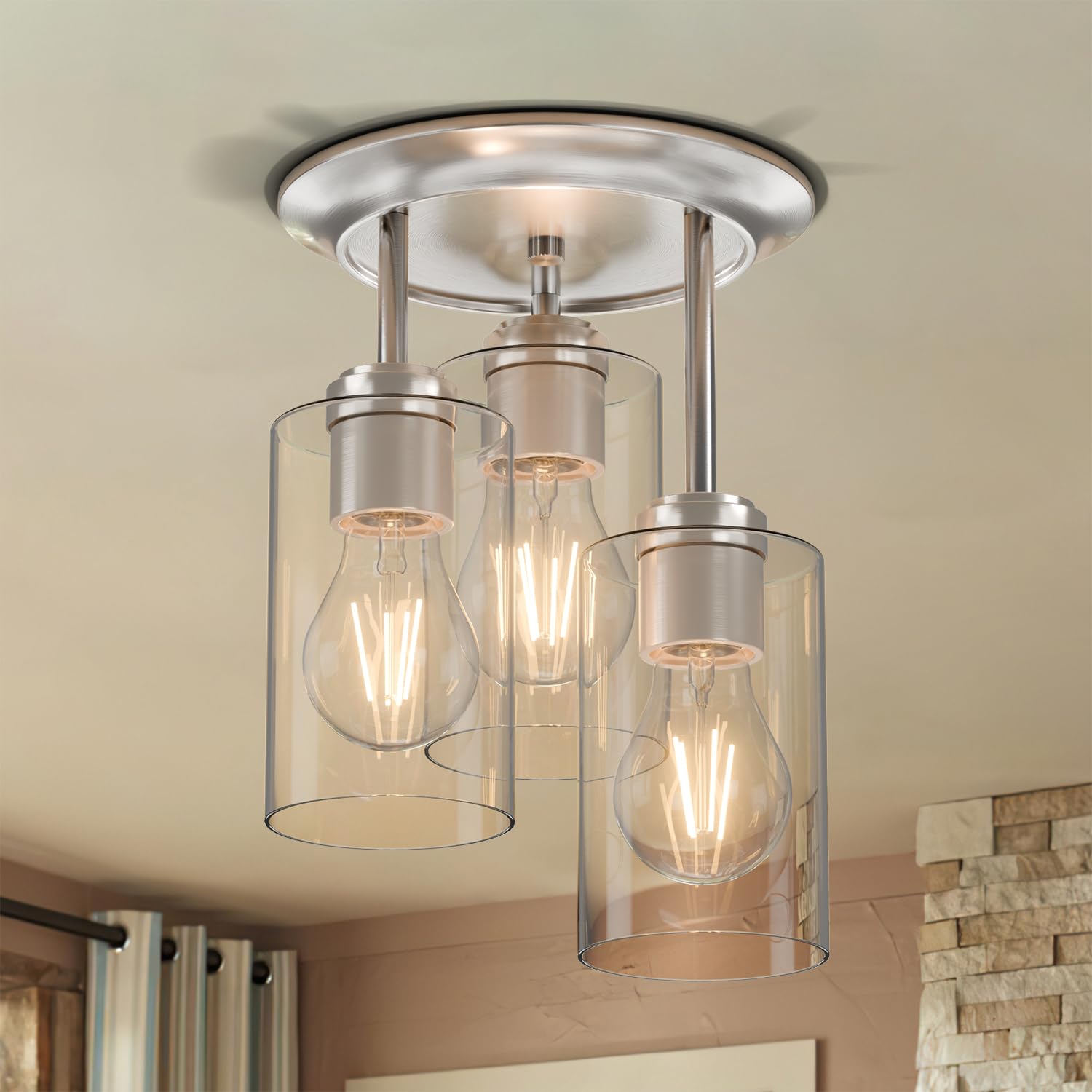 Kalium 3-Lights semi flush mount with brushed nickel and clear glass for modern kitchen ambiance