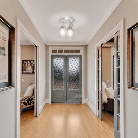 Kalium farmhouse ceiling light in brushed nickel offers versatile placement in dining rooms