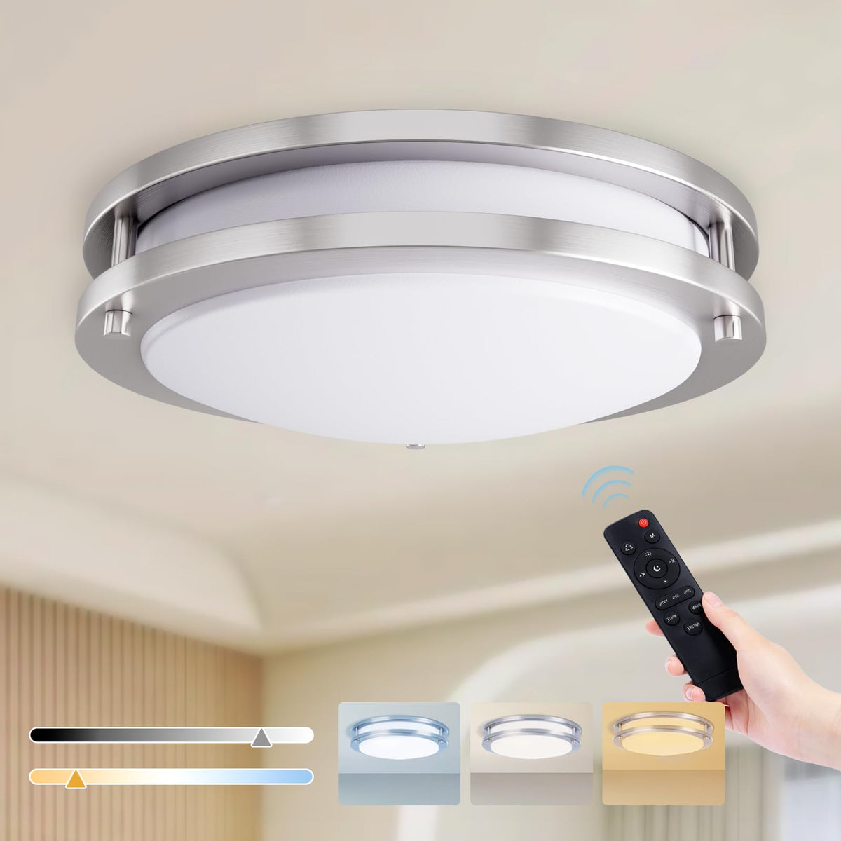 Kalium LED ceiling light with remote control showcasing slim 13-inch flush mount in action for a bright living space