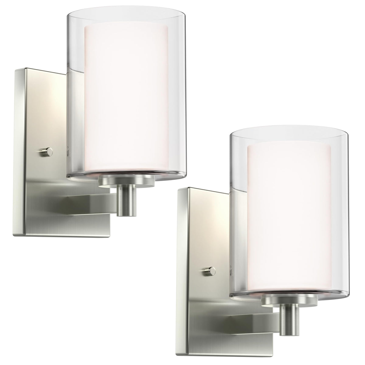 Kalium wall sconce with double glass shade in brushed nickel for elegant bathroom lighting