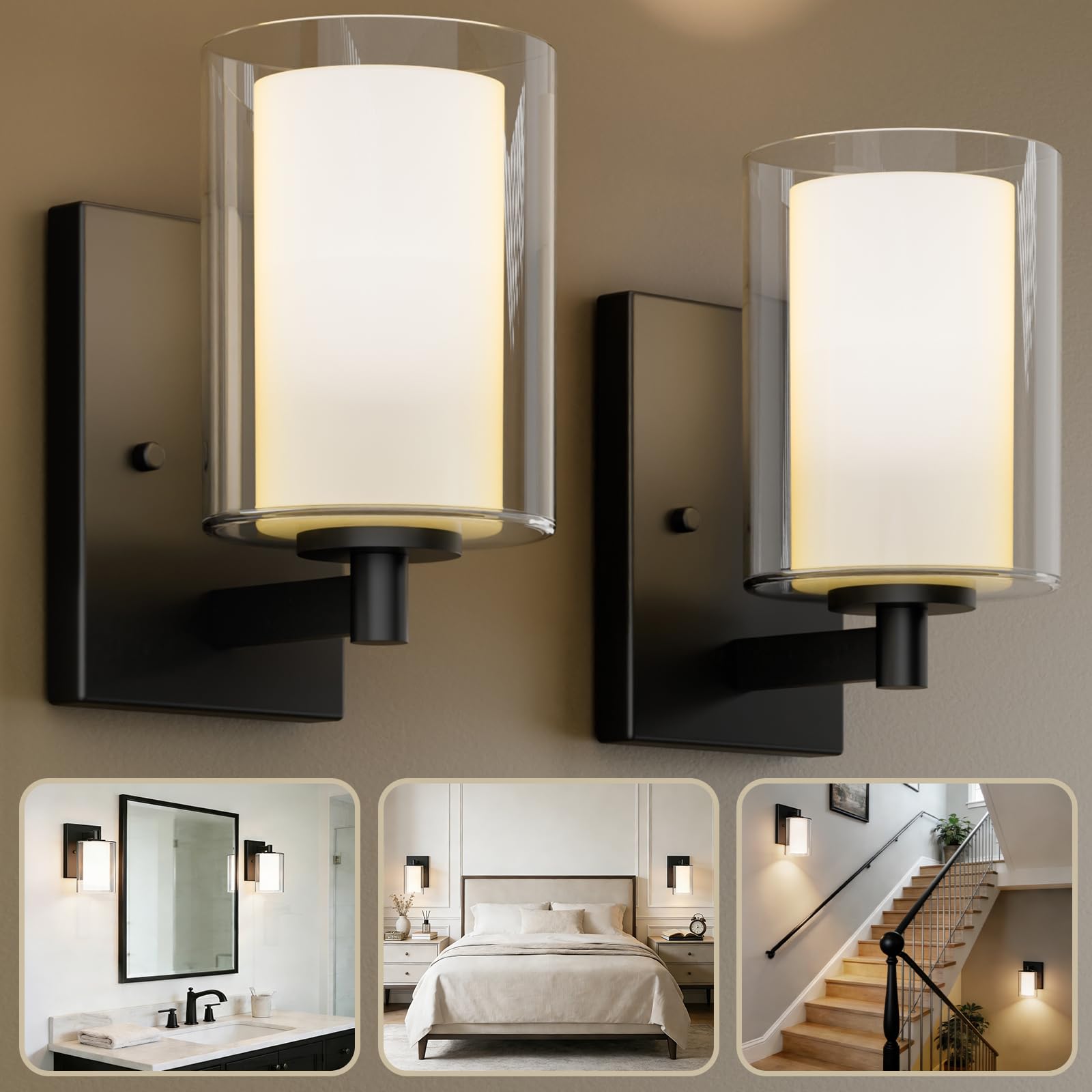 Kalium wall sconce with double glass shade in matte black, front view for elegant bathroom lighting