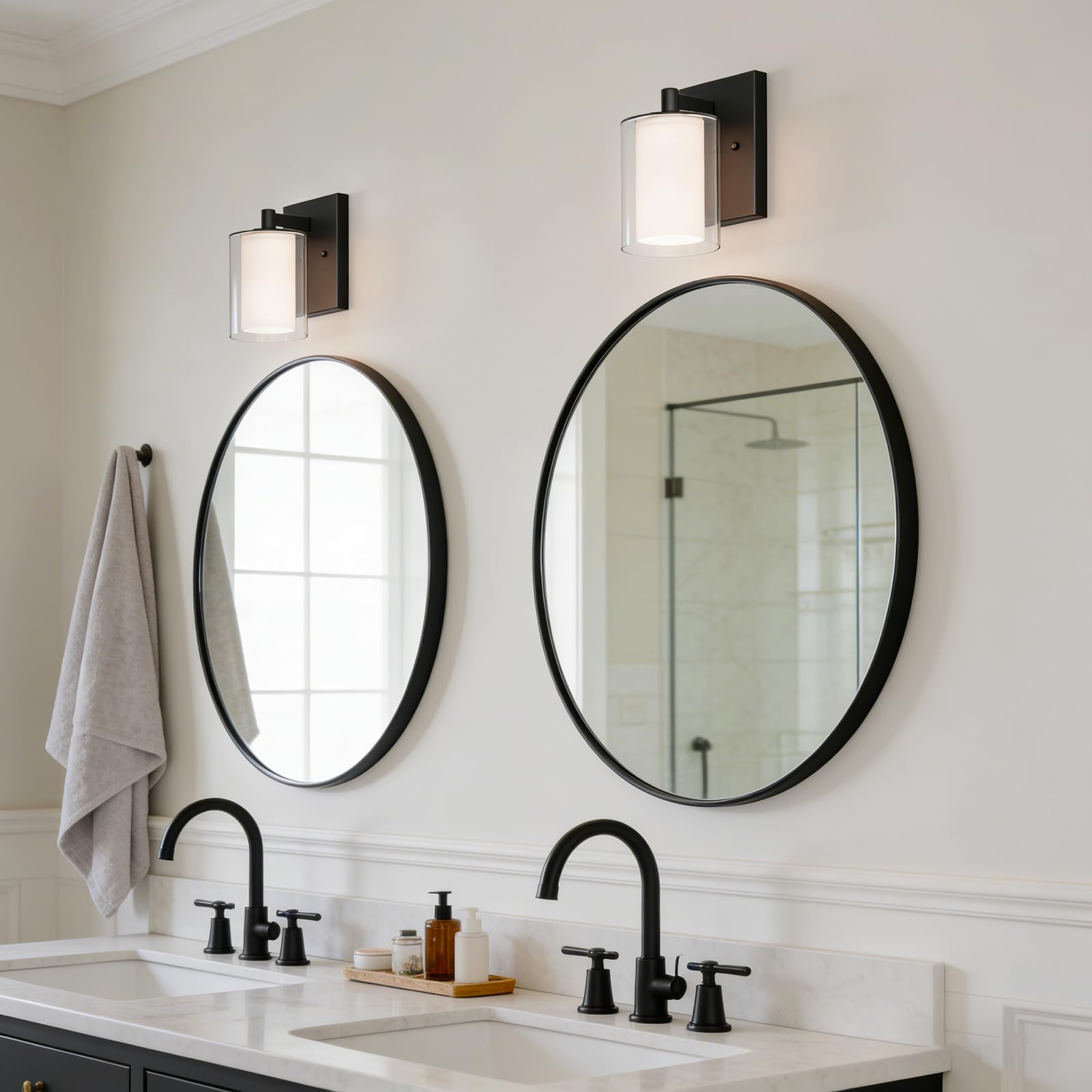 Kalium wall sconce double glass shade side view highlights soft, diffused illumination