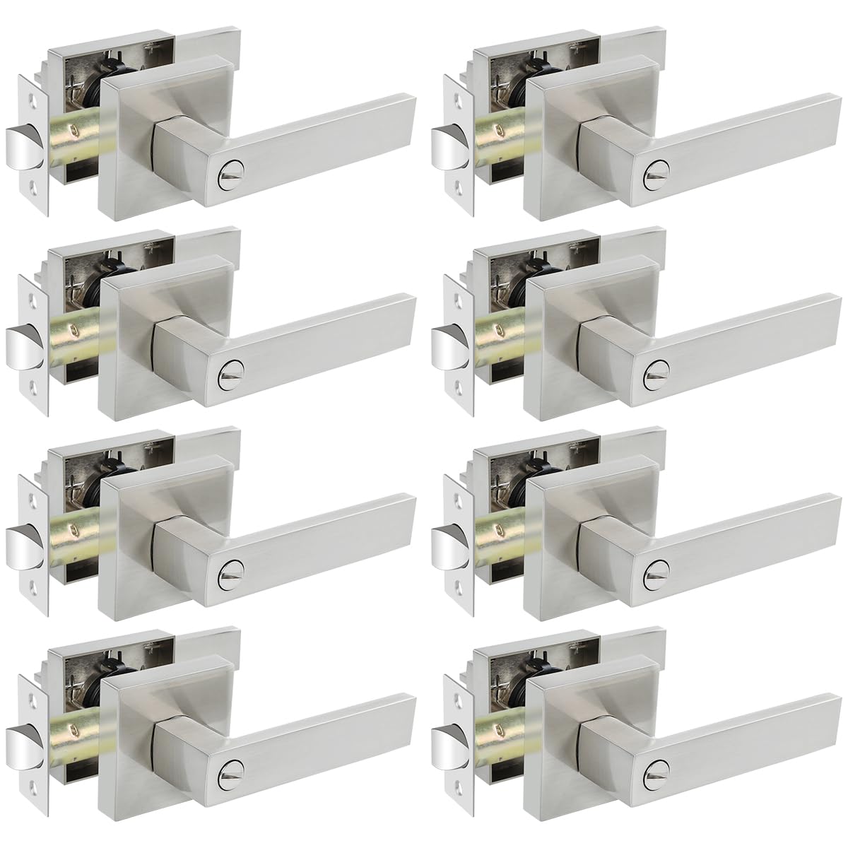 Kamota square door lever in satin nickel for durable interior use.