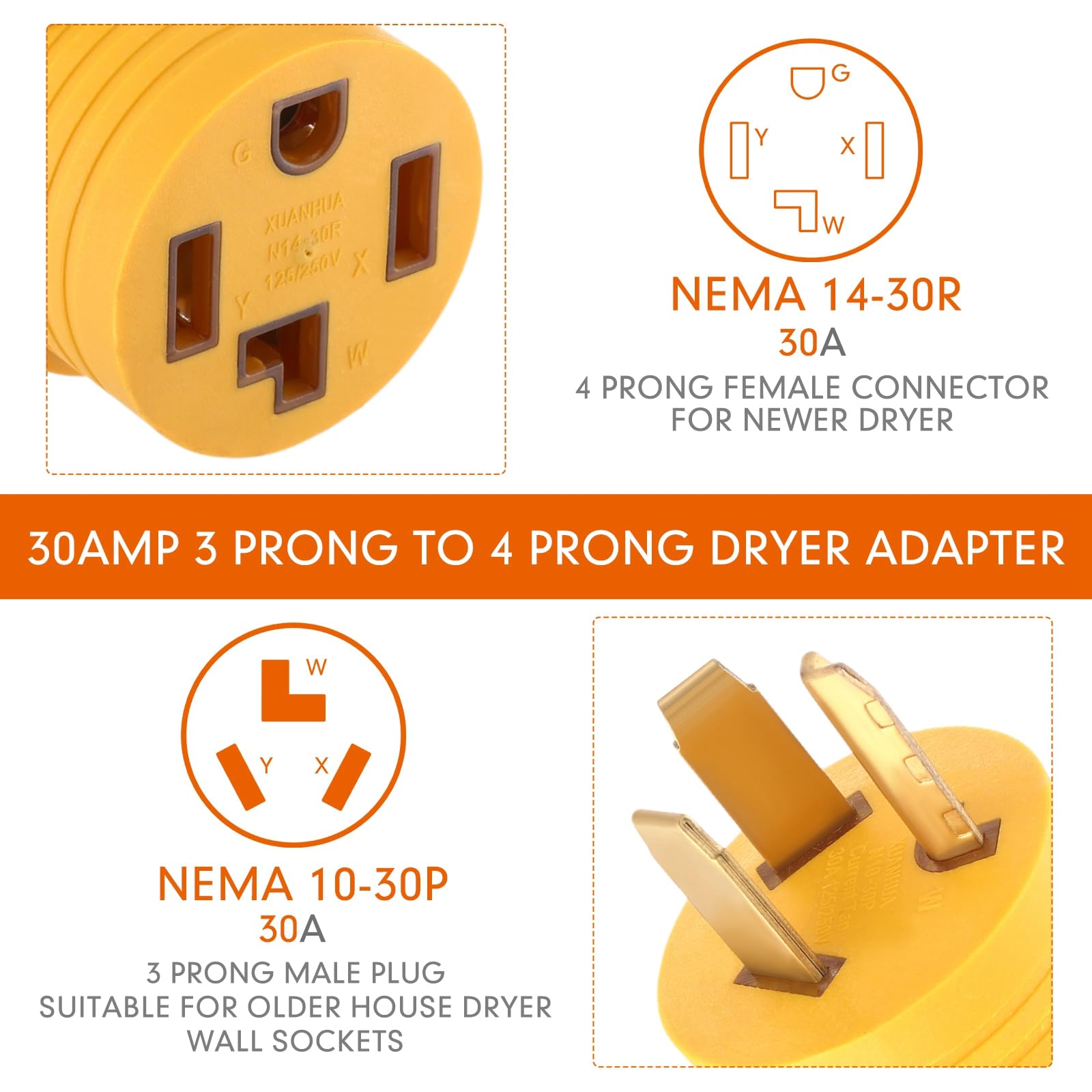 Kanayu dryer adapter male plug illustrates 10-30P to 14-30R conversion for 30A circuits.