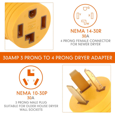Kanayu dryer adapter male plug illustrates 10-30P to 14-30R conversion for 30A circuits.