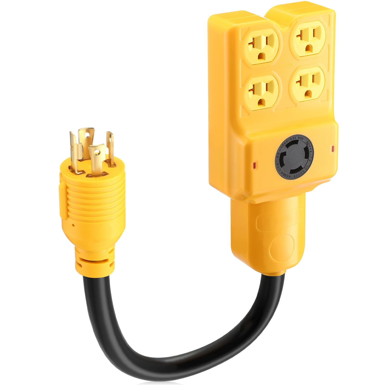 Kanayu generator adapter showing L14-30P input to four outlets and a locking output for versatile power