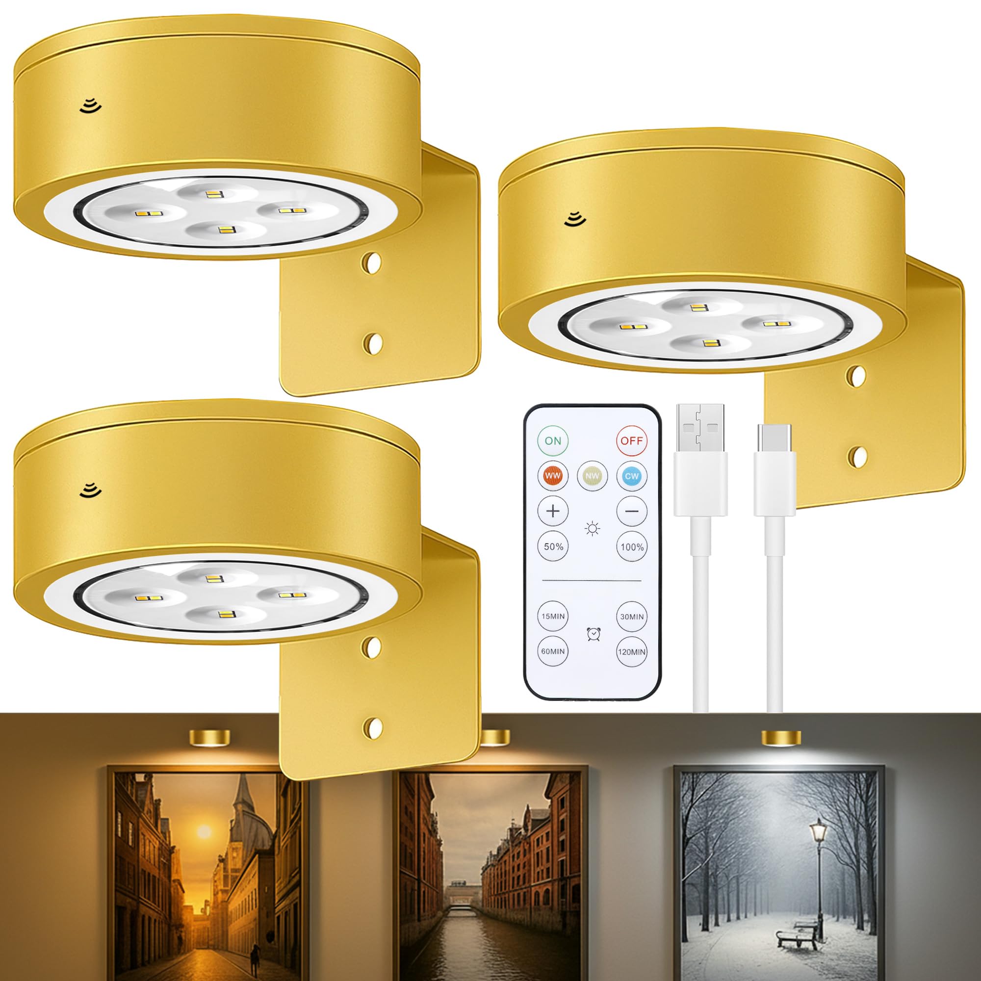 Kandicyar 3-pack picture lights illuminate wall art with rechargeable convenience